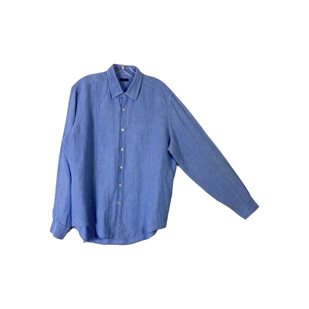 NWOT ALTEA Shirt 43~L Linen Blue Long Sleeve Button-Up Pointed-Collar Curve-Hem